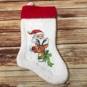 Vintage Santa Claus And Rudolph Felt Christmas Stocking White Red Rennoc 1982